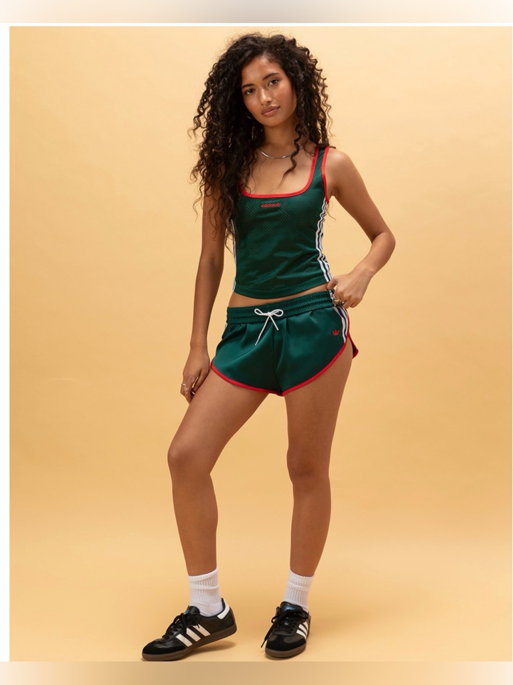 NWT adidas Originals Satin Shorts, green w/ red trim & blue/white stripes, Sz L - Picture 2 of 2